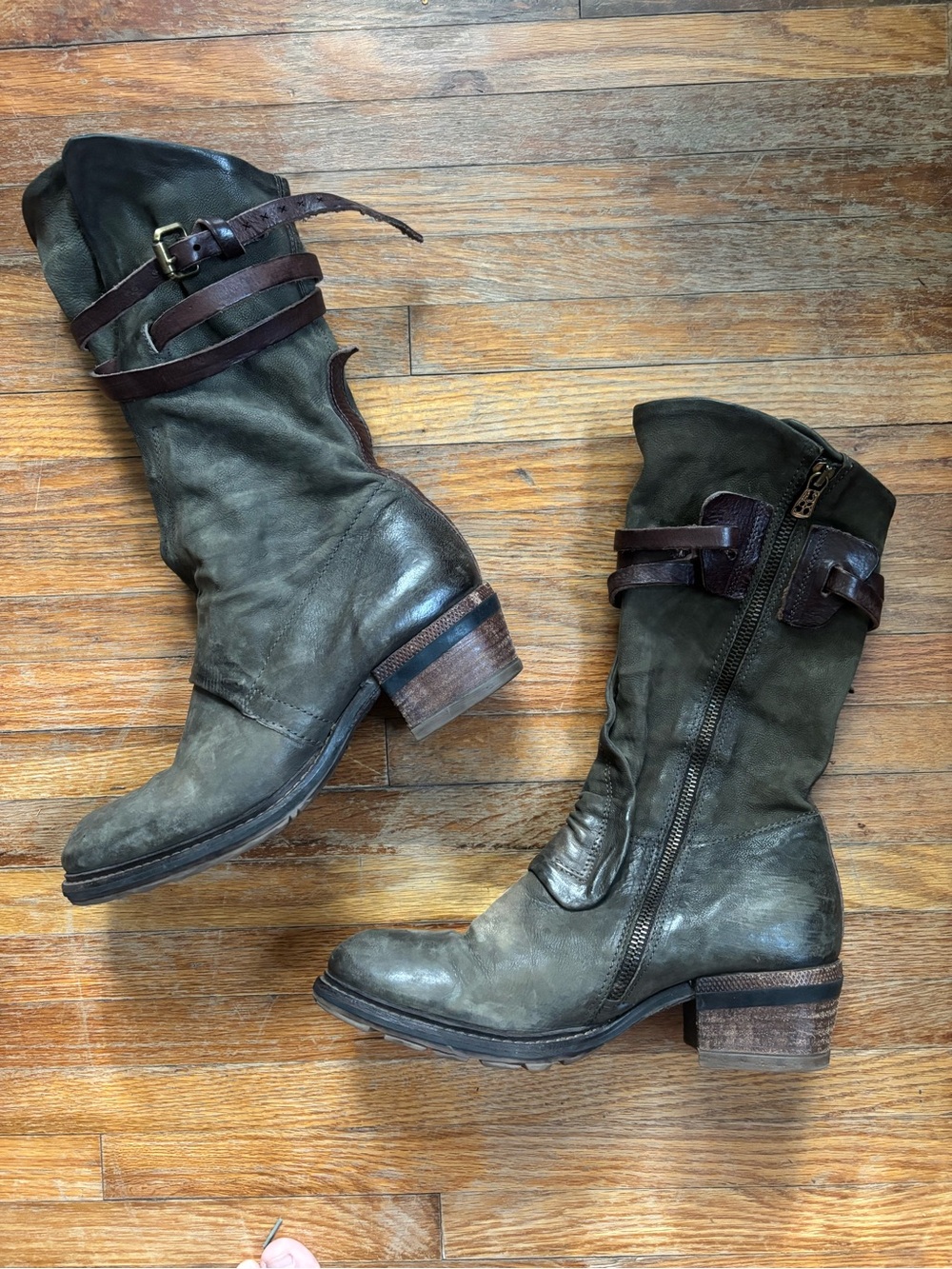 A.S.98 Olive Green Leather Mid-Calf Moto Boots with Brown Straps